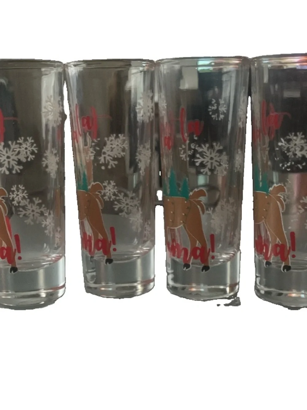Pre Owned Vintage Fa La La llama Set Lot of 4 Shot Glass Shotglass MCM Holiday